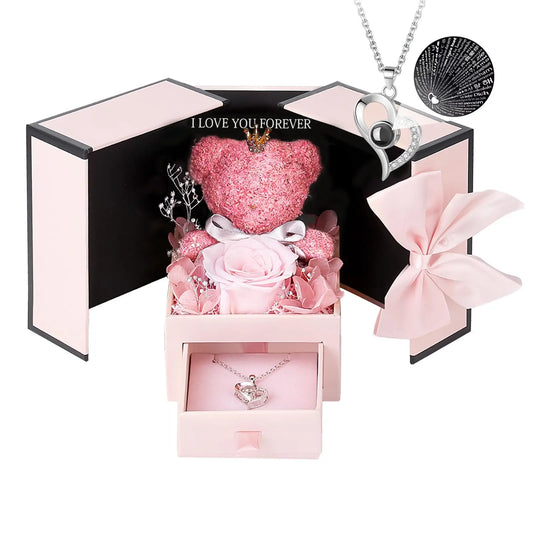 ETERNAL ROSE BEAR BOX WITH I LOVE YOU NECKLACE HEART PENDANT|GIFTS VALENTINE'S DAY|MOTHER'S DAY