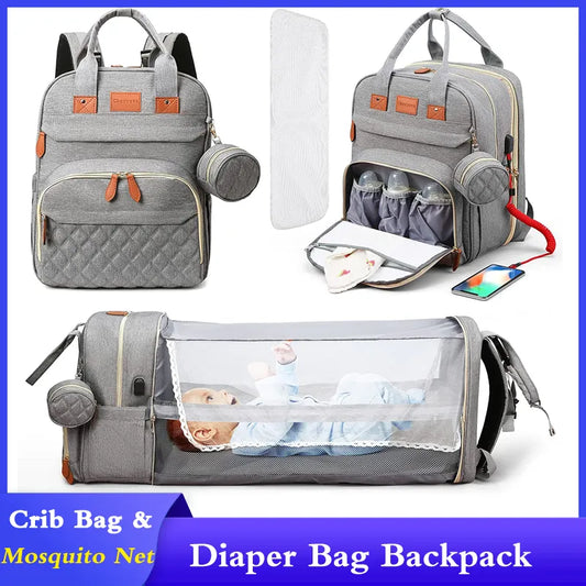 3 IN 1 DIAPER BAG| BACKPACK| FOLDABLE BABY BED|CHANGING BED|USB|MOSQUITO NET